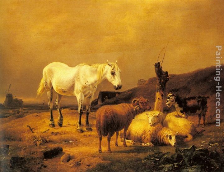 Eugene Verboeckhoven A Horse, Sheep and a Goat in a Landscape